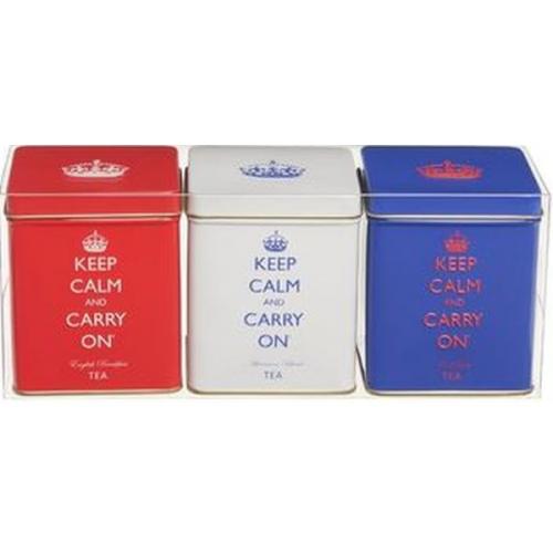 Keep Calm And Carry On Red, White & Blue Tea Tin Set In Plastic Box