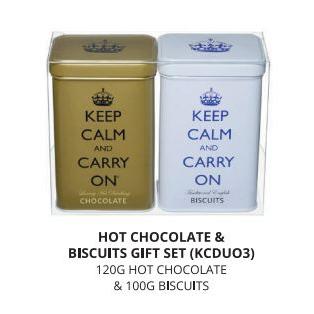 IB - KCDU03 - Keep Calm And Carry On Gold & White Tin Set In Plastic Box Hot Chocolate & Biscuits