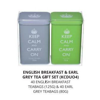 Keep Calm And Carry On Grey & Green Tin Set. 40 English Breakfast Teabags & 30 Earl Grey Teabags