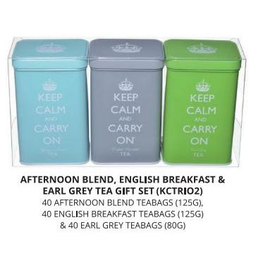 Keep Calm And Carry On Grey, Blue & Green Tin Set. English Breakfast, Afternoon Blend & Earl Grey Te