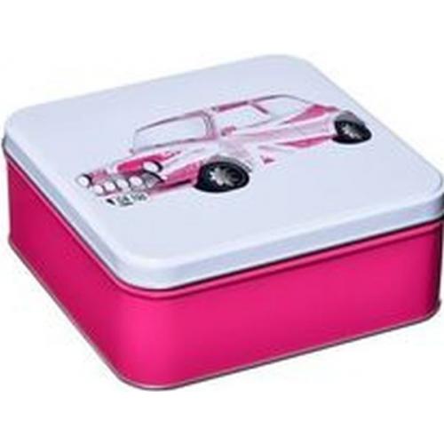 British Heritage Car Pink Tin 40 English Breakfast Teabags & Traditional English Biscuits