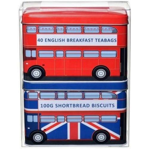 London Bus Red & Union Jack Tin Gift Set. English Breakfast Teabags and English Shortbread Biscuits