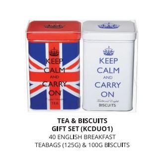 IB - KCDUO1 - Keep Calm Union Jack Tin & White Tin Set 40 English Breakfast Teabags and Biscuits