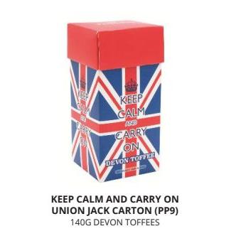 IB - PP9 - Poshpin Keep Calm and Carry On Union Jack Carton Devon Toffee