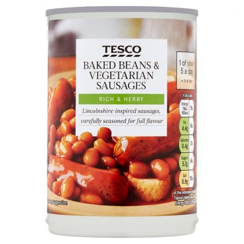 Tesco Baked Beans And Vegetarian Sausages In Tomato Sauce