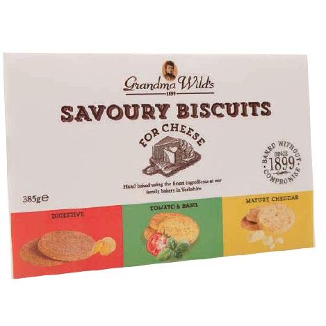 Grandma Wilds Savoury Biscuit Selection for Cheese - Digestive, Mature Cheddar, Tomato Basil