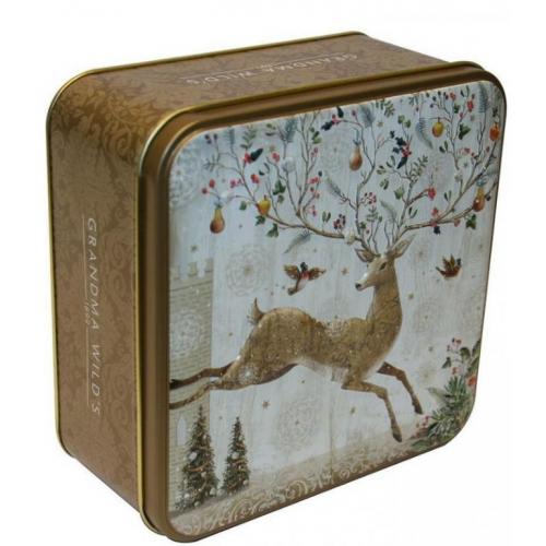 Grandma Wild's Embossed Golden Stag with Xmas Trees Triangular Tin