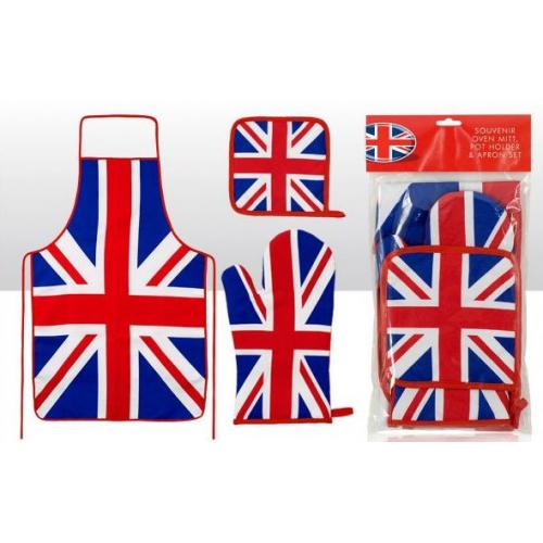 Union Jack Oven Mitt  Pot Holder & Apron Set 6pc
